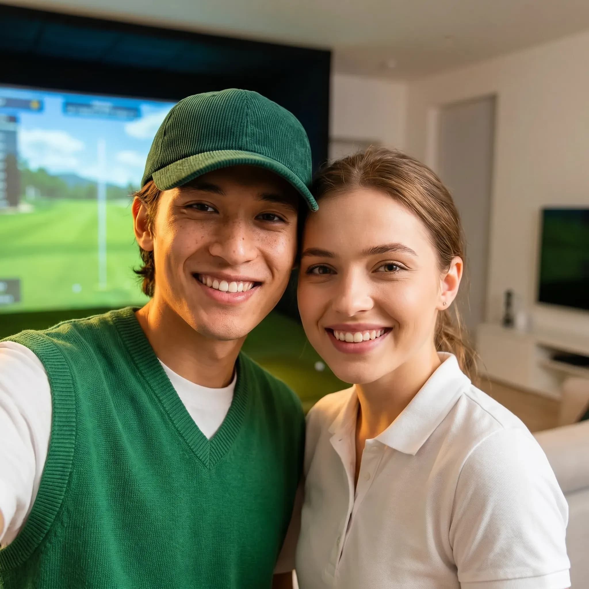 Two friends smiling in front of a golf simulator screen