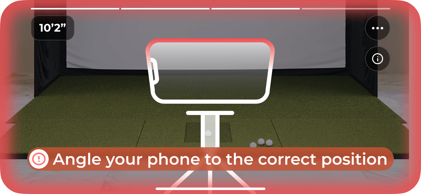Camera view of an indoor hitting bay with a phone outline overlay and the red warning Angle your phone to the correct position