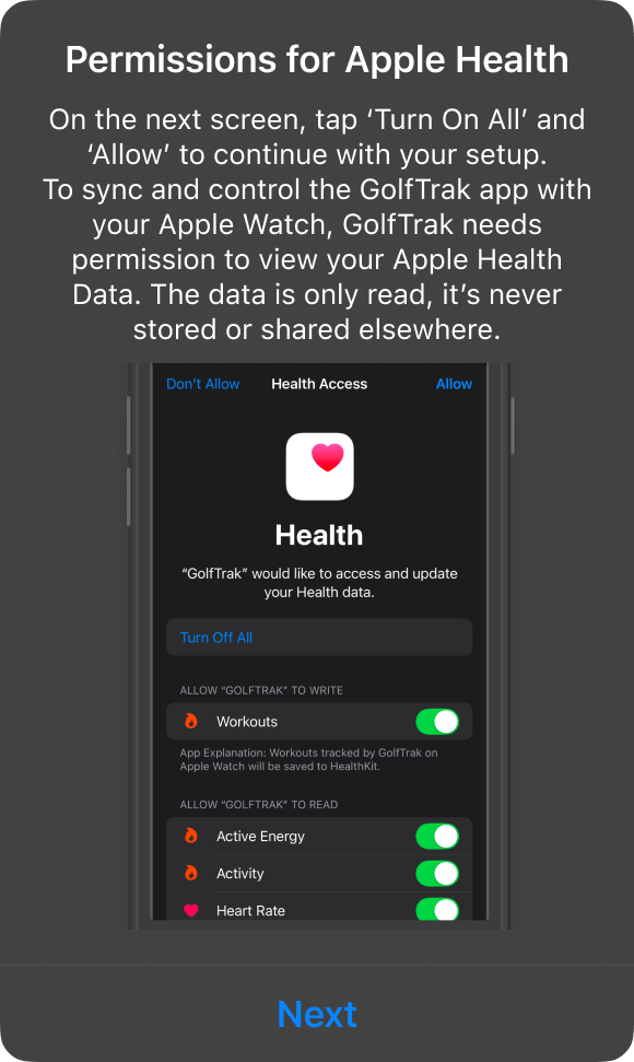 Permissions for Apple Health screen telling you to tap Turn On All and Allow on the Health Access prompt, with the Workouts, Active Energy, Activity and Heart Rate toggles