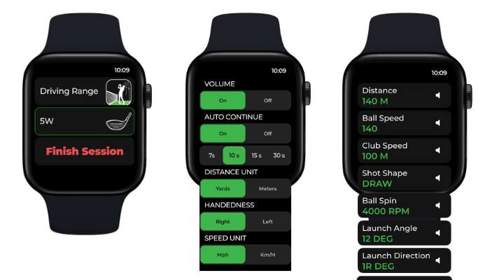 Three Apple Watch screens: a session with the selected club and Finish Session, the settings list (volume, auto continue, distance unit, handedness, speed unit), and the shot results list