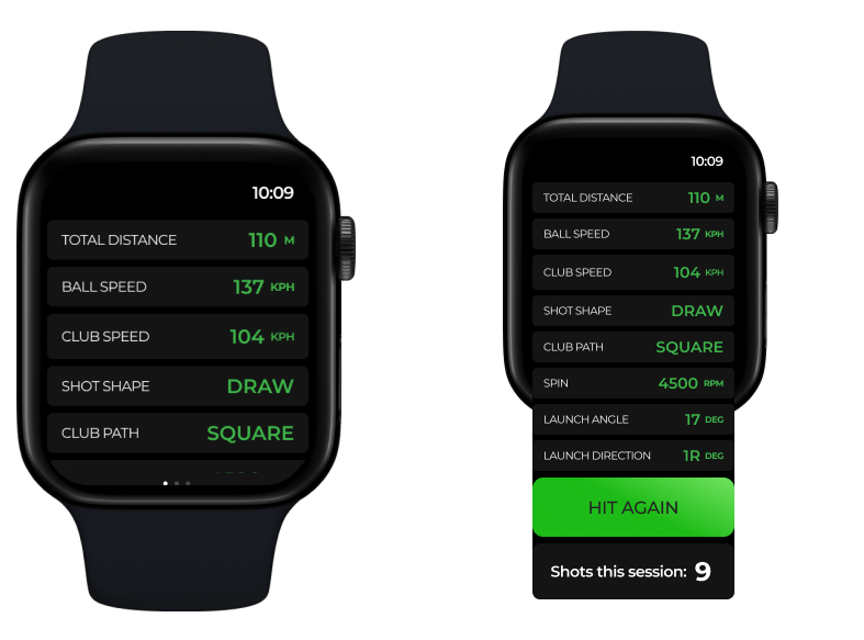 Apple Watch shot results listing total distance, ball speed, club speed, shot shape, club path, spin, launch angle and launch direction, with a Hit Again button and the shots this session count