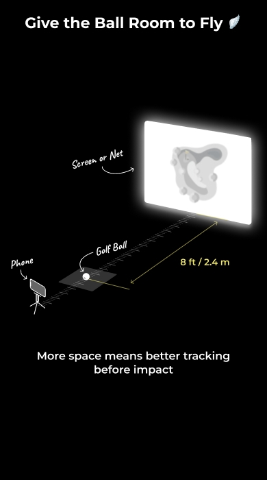 Illustration of the phone behind the golf ball with 8 ft / 2.4 m marked between the ball and the screen or net