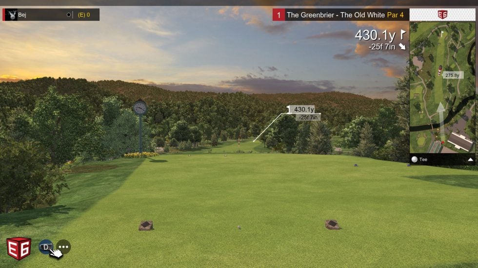E6 Connect game view loaded on a course, ready for the first shot