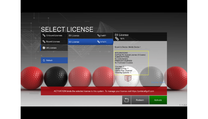 E6 Connect Select License screen with the GolfTrak PC Special License (5-Course) selected and the Activate button