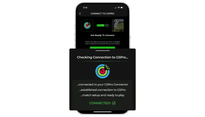 Checking Connection to GSPro dialog in the app listing connected to your GSPro Connector, established connection to GSPro, match setup and ready to play, ending in CONNECTED
