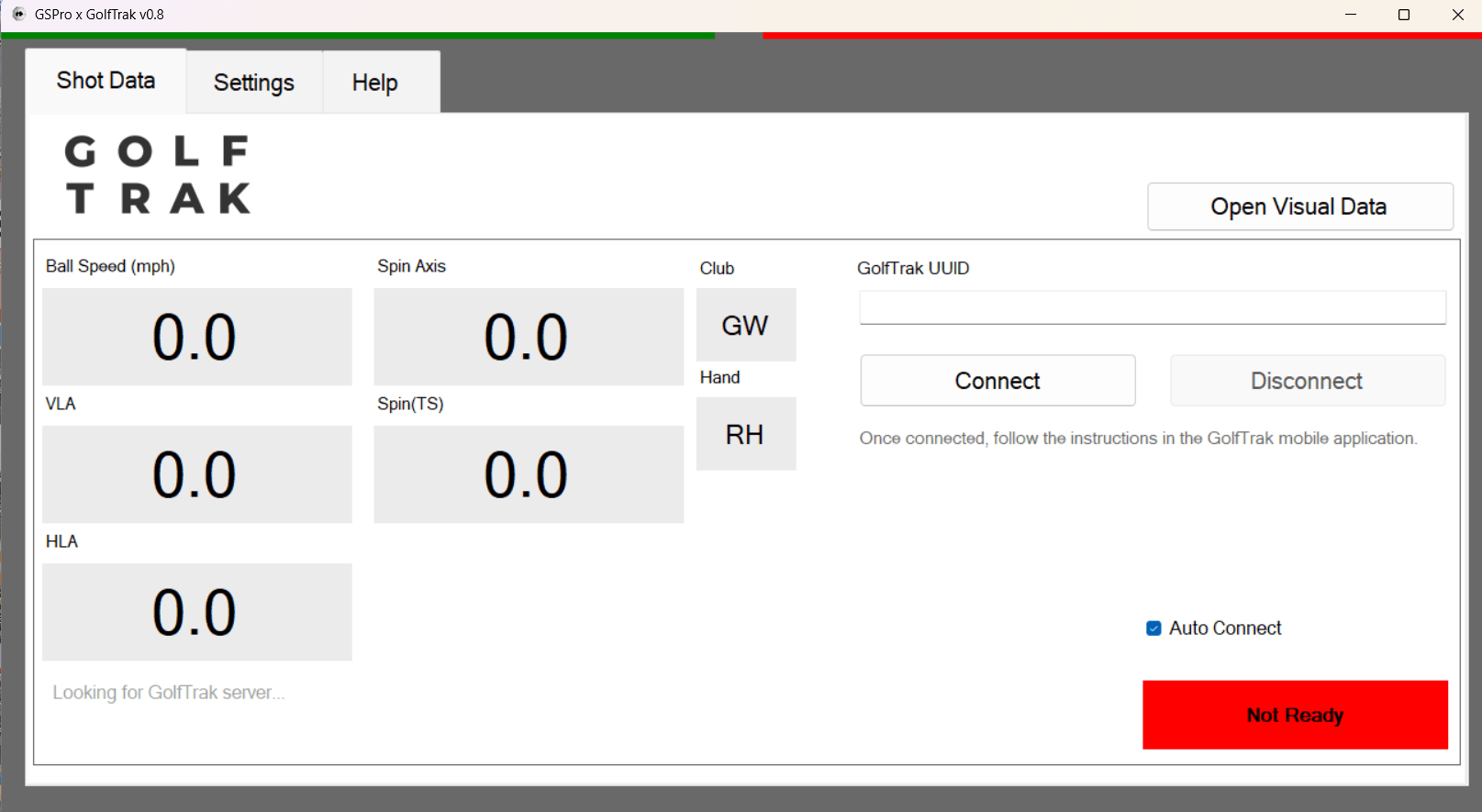 GSPro connector window on a PC with an empty UUID field, a Connect button and a red Not Ready status