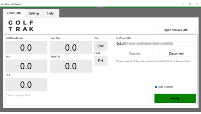 GSPro connector window on a PC with the UUID entered, Connect and Disconnect buttons, and a green Ready status