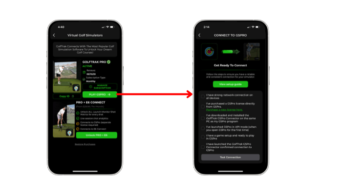 Virtual Golf Simulators screen with the PLAY GSPRO button leading to the Connect to GSPro checklist and its Test Connection button