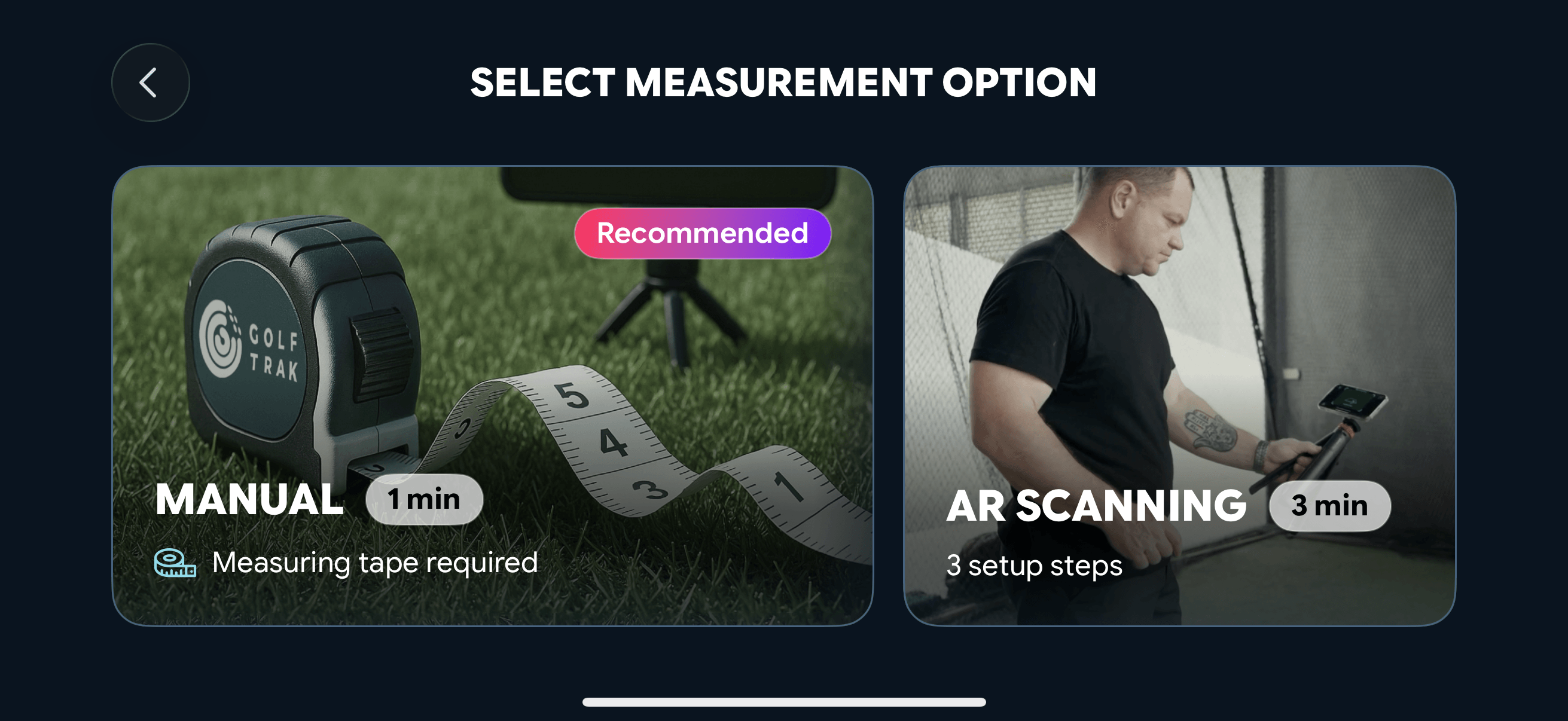Select Measurement Option screen showing Manual (recommended, measuring tape required, 1 min) and AR Scanning (3 setup steps, 3 min)