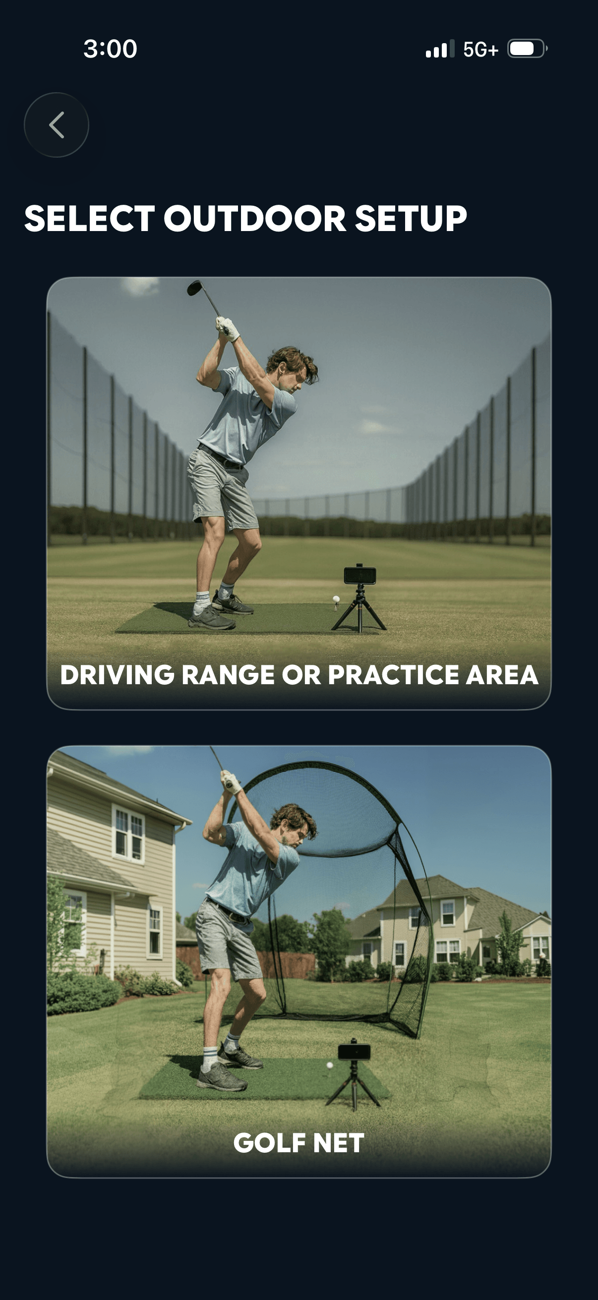 ChipIn Shot Tracker Select Outdoor Setup screen with two options: Driving Range or Practice Area, and Golf Net