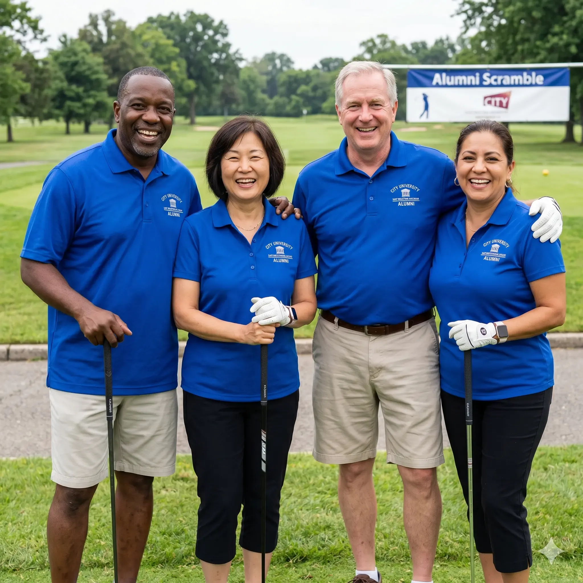Alumni gathered at a university charity golf scramble